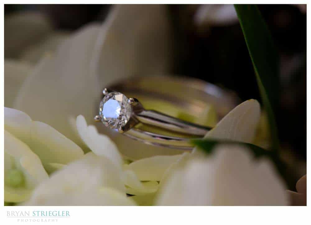 up close shot of wedding ring in flowers